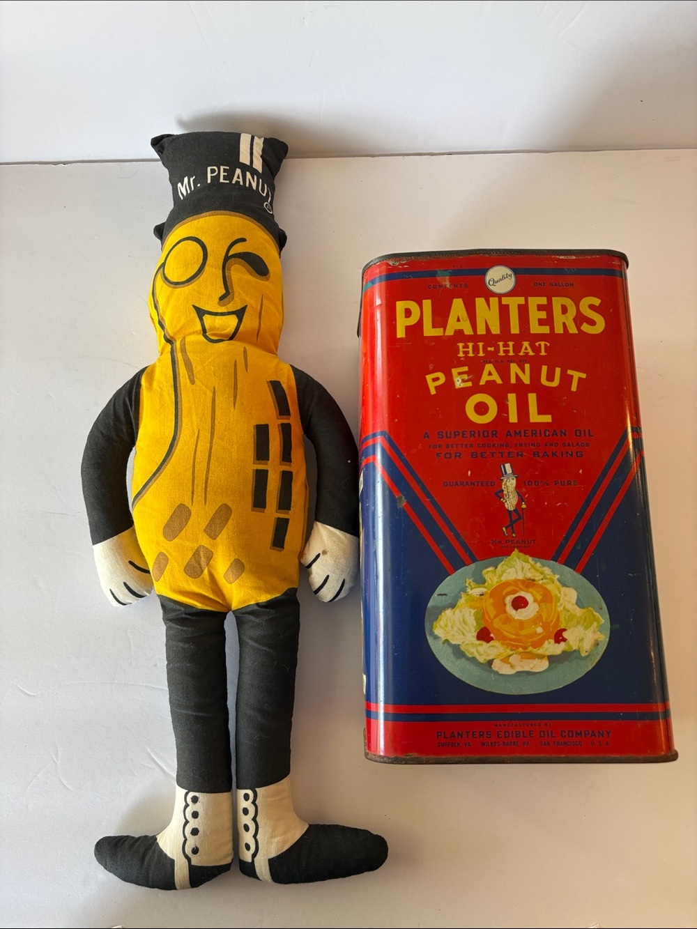 Vintage Mr. Peanut Plush Doll - Planters Hi Hat Peanut oil metal container